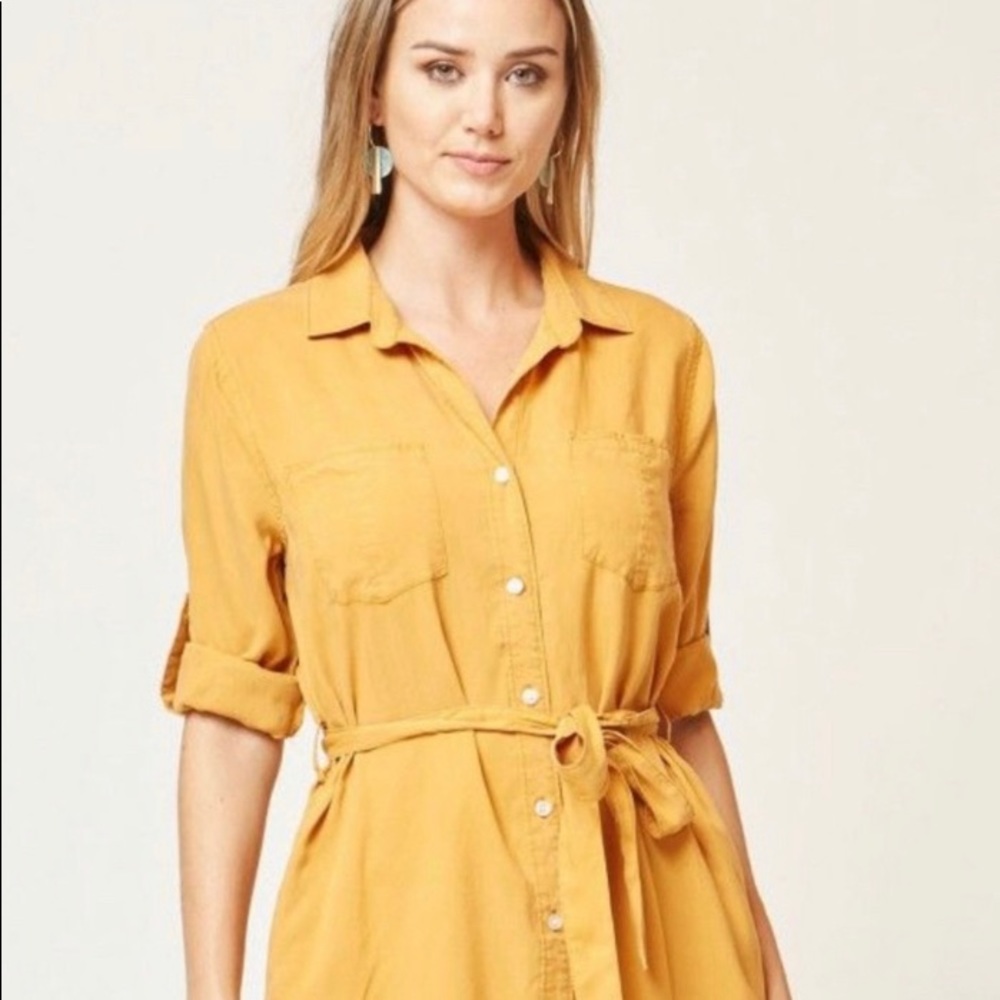 Anita Roll Tab Yellow Shirts Dress with Pockets